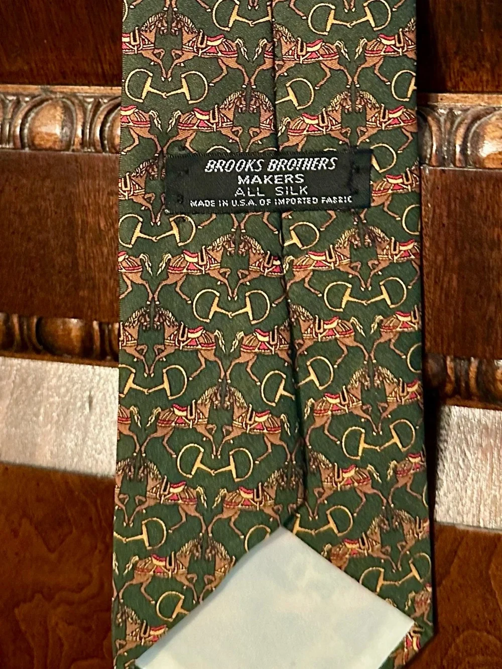Brooks Brothers Green Silk Tie with Gold and Brown Equestrian Motif